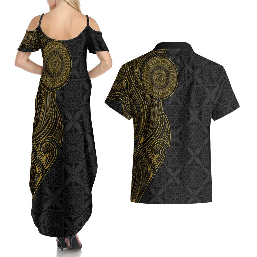 Niue Polynesian Hiapo Tattoo Art Couples Matching Summer Maxi Dress and Hawaiian Shirt Half Style Black Gold Color - Polynesian Pride