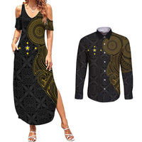Niue Polynesian Hiapo Tattoo Art Couples Matching Summer Maxi Dress and Long Sleeve Button Shirt Half Style Black Gold Color - Polynesian Pride