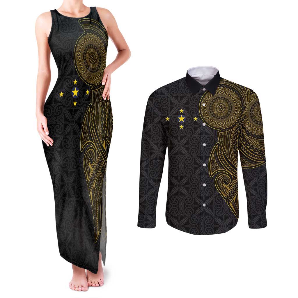 Niue Polynesian Hiapo Tattoo Art Couples Matching Tank Maxi Dress and Long Sleeve Button Shirt Half Style Black Gold Color - Polynesian Pride