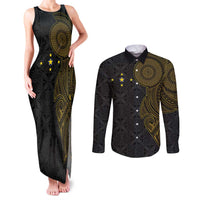 Niue Polynesian Hiapo Tattoo Art Couples Matching Tank Maxi Dress and Long Sleeve Button Shirt Half Style Black Gold Color - Polynesian Pride