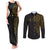 Niue Polynesian Hiapo Tattoo Art Couples Matching Tank Maxi Dress and Long Sleeve Button Shirt Half Style Black Gold Color - Polynesian Pride