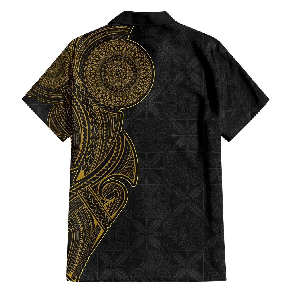 Niue Polynesian Hiapo Tattoo Art Family Matching Long Sleeve Bodycon Dress and Hawaiian Shirt Half Style Black Gold Color - Polynesian Pride