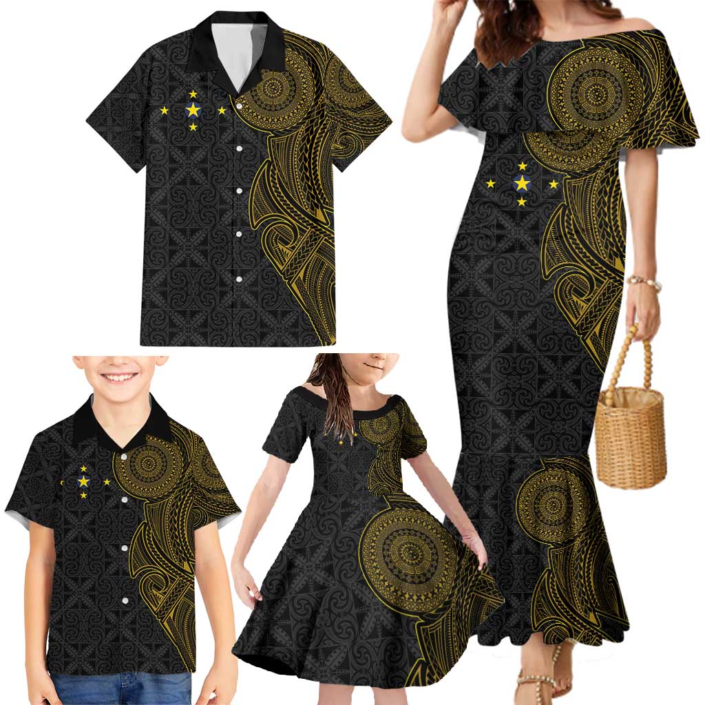 Niue Polynesian Hiapo Tattoo Art Family Matching Mermaid Dress and Hawaiian Shirt Half Style Black Gold Color - Polynesian Pride
