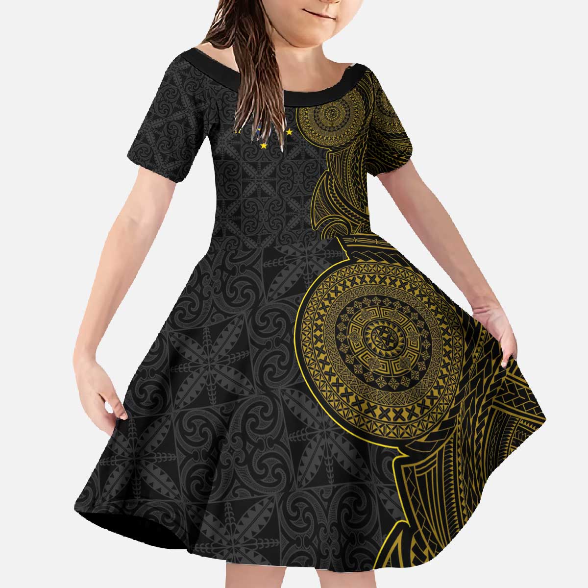 Niue Polynesian Hiapo Tattoo Art Family Matching Off The Shoulder Long Sleeve Dress and Hawaiian Shirt Half Style Black Gold Color - Polynesian Pride