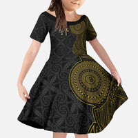 Niue Polynesian Hiapo Tattoo Art Family Matching Off The Shoulder Long Sleeve Dress and Hawaiian Shirt Half Style Black Gold Color - Polynesian Pride
