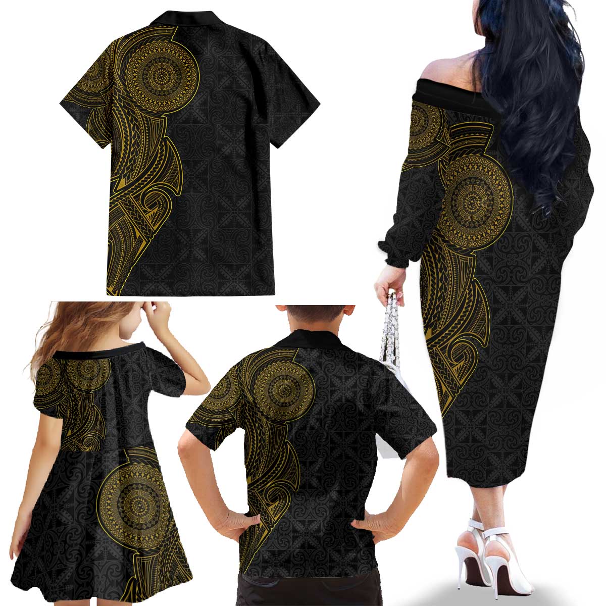 Niue Polynesian Hiapo Tattoo Art Family Matching Off The Shoulder Long Sleeve Dress and Hawaiian Shirt Half Style Black Gold Color - Polynesian Pride