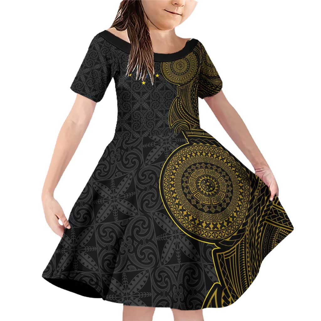 Niue Polynesian Hiapo Tattoo Art Family Matching Off Shoulder Short Dress and Hawaiian Shirt Half Style Black Gold Color - Polynesian Pride