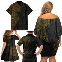 Niue Polynesian Hiapo Tattoo Art Family Matching Off Shoulder Short Dress and Hawaiian Shirt Half Style Black Gold Color - Polynesian Pride