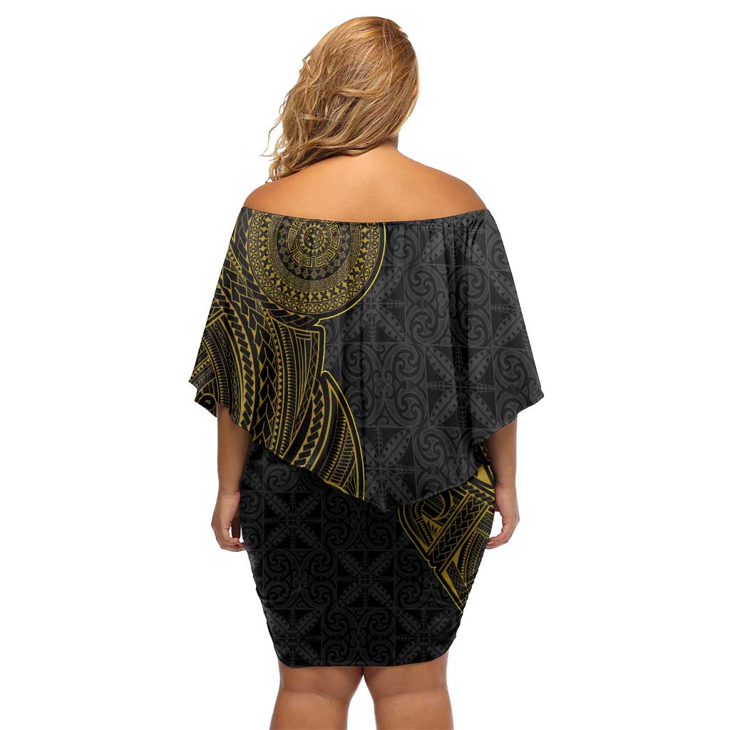 Niue Polynesian Hiapo Tattoo Art Family Matching Off Shoulder Short Dress and Hawaiian Shirt Half Style Black Gold Color - Polynesian Pride