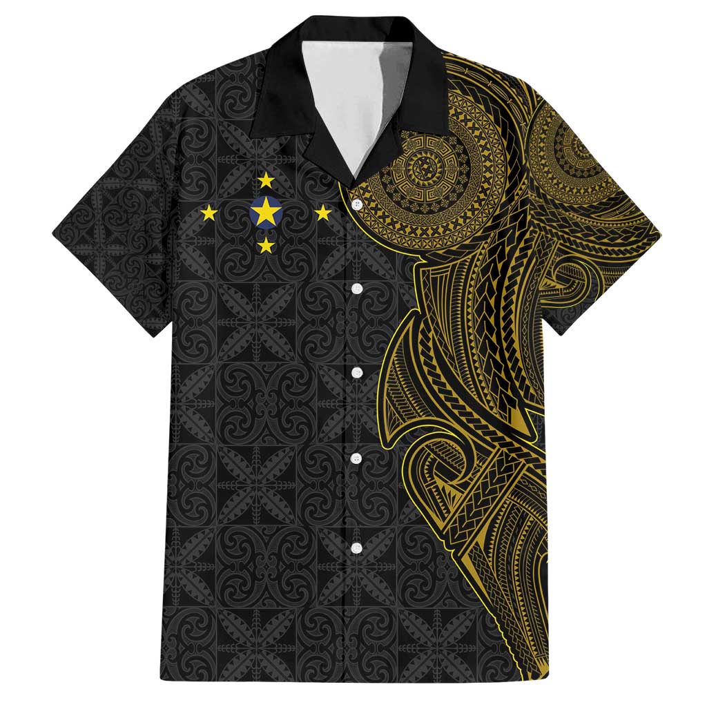 Niue Polynesian Hiapo Tattoo Art Family Matching Puletasi and Hawaiian Shirt Half Style Black Gold Color - Polynesian Pride