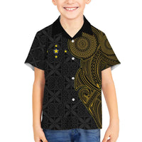 Niue Polynesian Hiapo Tattoo Art Family Matching Summer Maxi Dress and Hawaiian Shirt Half Style Black Gold Color - Polynesian Pride
