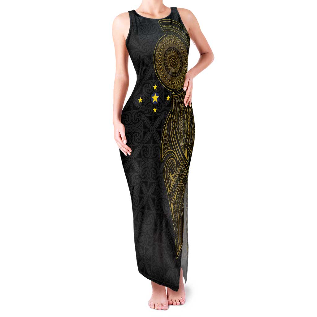 Niue Polynesian Hiapo Tattoo Art Family Matching Tank Maxi Dress and Hawaiian Shirt Half Style Black Gold Color - Polynesian Pride