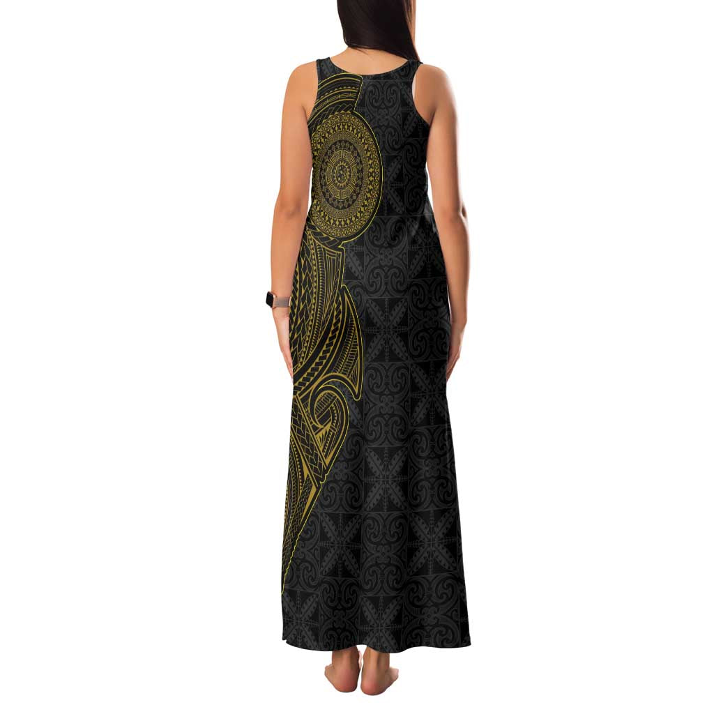 Niue Polynesian Hiapo Tattoo Art Family Matching Tank Maxi Dress and Hawaiian Shirt Half Style Black Gold Color - Polynesian Pride