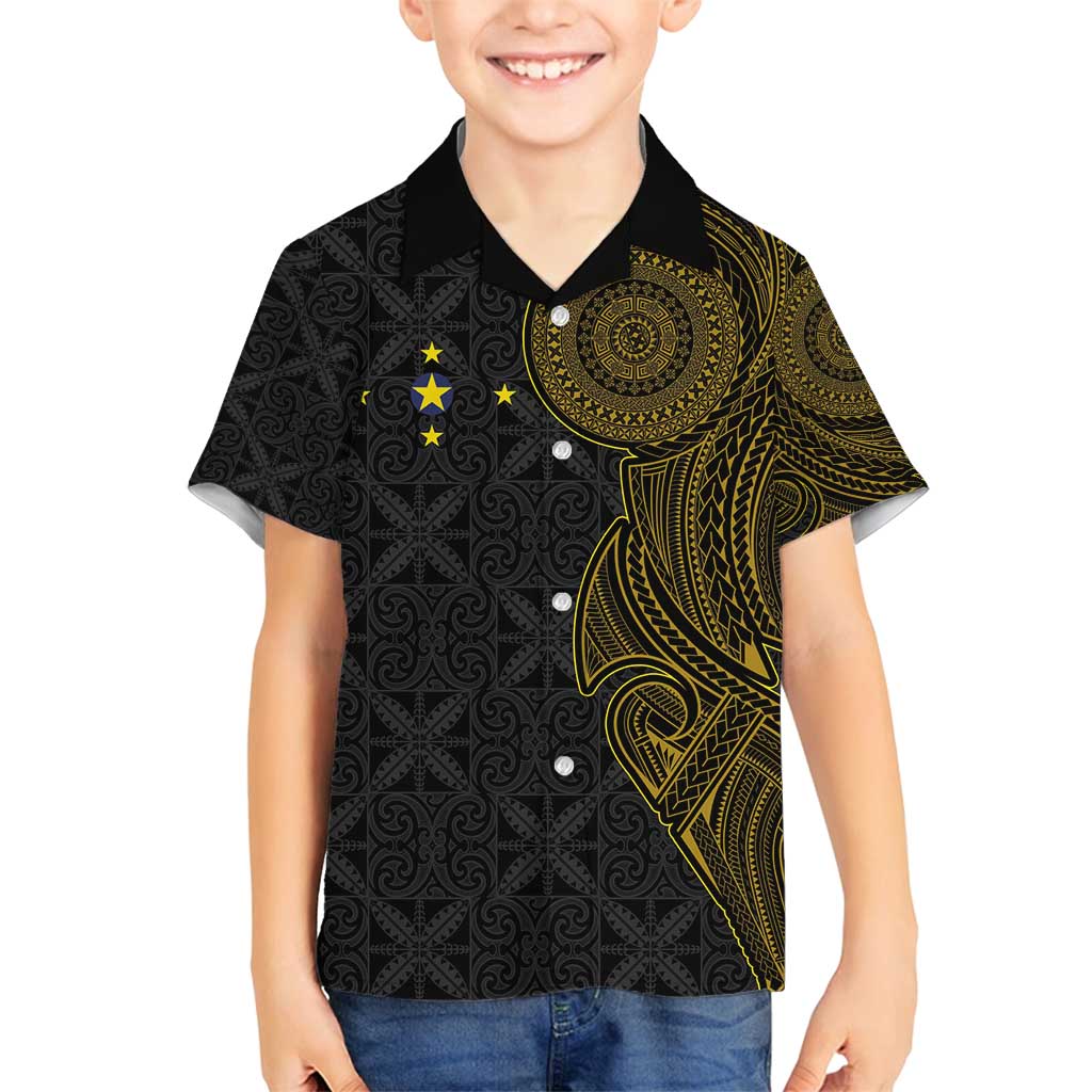 Niue Polynesian Hiapo Tattoo Art Family Matching Tank Maxi Dress and Hawaiian Shirt Half Style Black Gold Color - Polynesian Pride