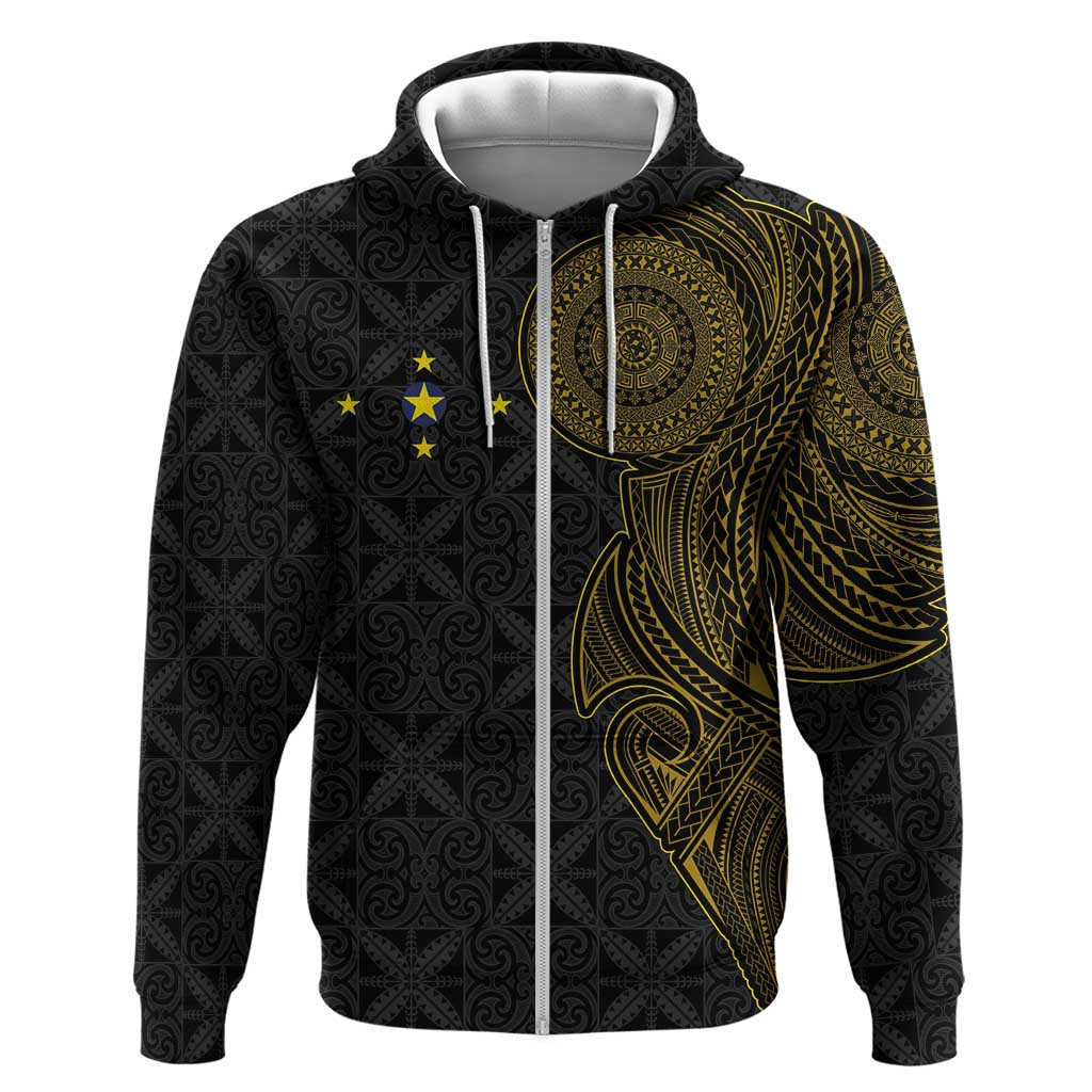 Niue Polynesian Hiapo Tattoo Art Hoodie Half Style Black Gold Color - Polynesian Pride