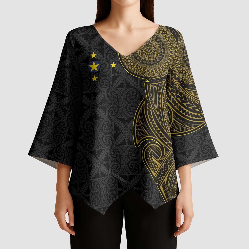 Niue Polynesian Hiapo Tattoo Art Kimono Sleeve Blouse Half Style Black Gold Color - Polynesian Pride