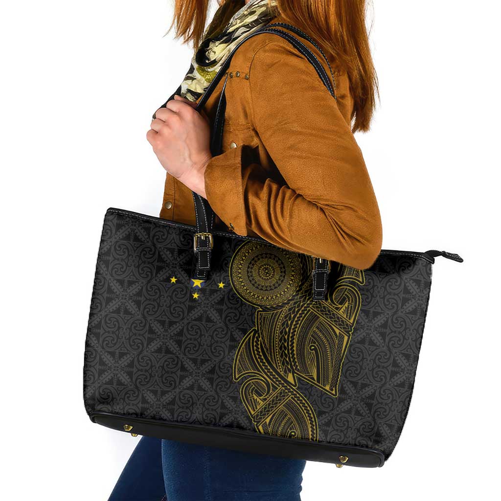 Niue Polynesian Hiapo Tattoo Art Leather Tote Bag Half Style Black Gold Color - Polynesian Pride