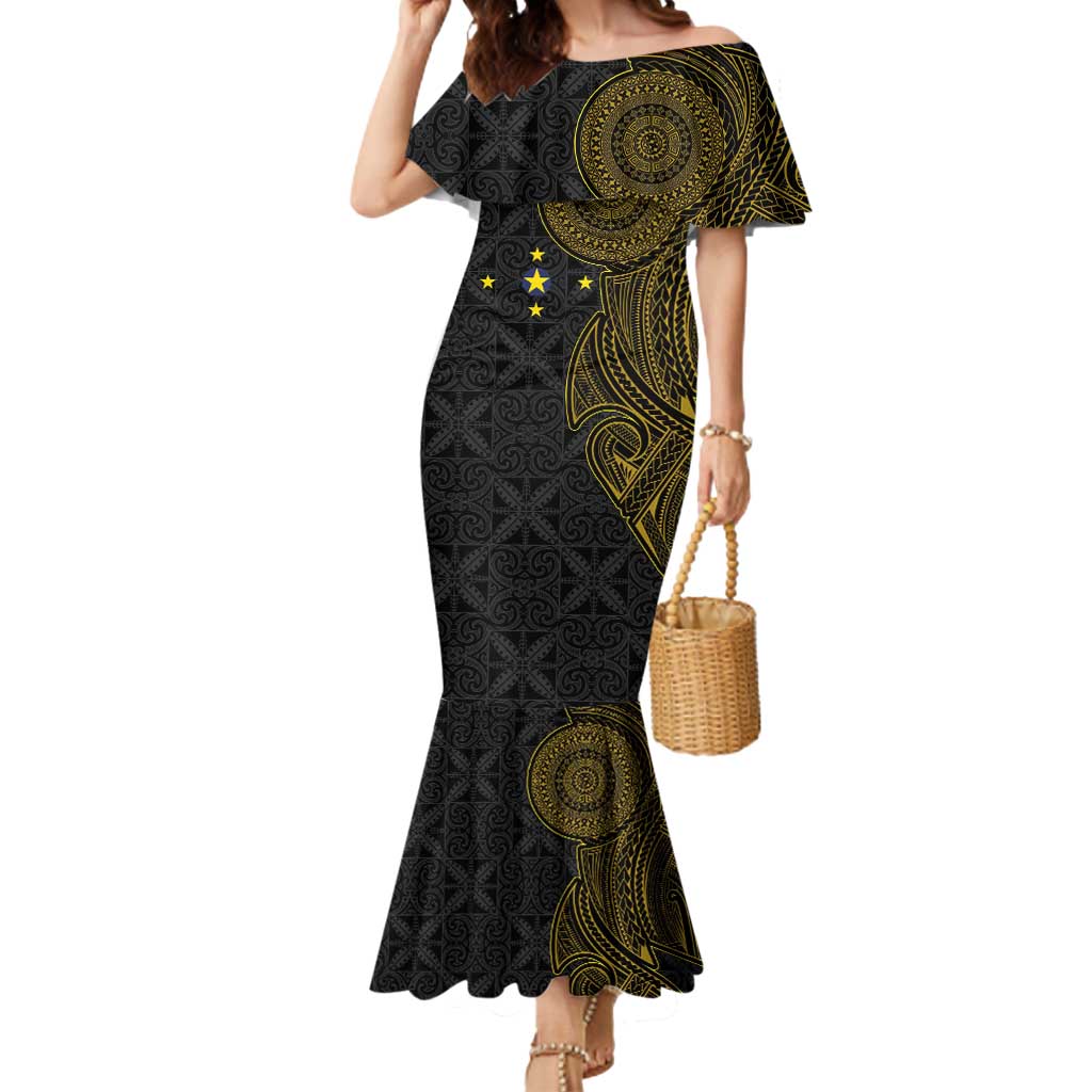 Niue Polynesian Hiapo Tattoo Art Mermaid Dress Half Style Black Gold Color - Polynesian Pride