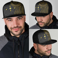 Niue Polynesian Hiapo Tattoo Art Mesh Trucker Cap Half Style Black Gold Color - Polynesian Pride