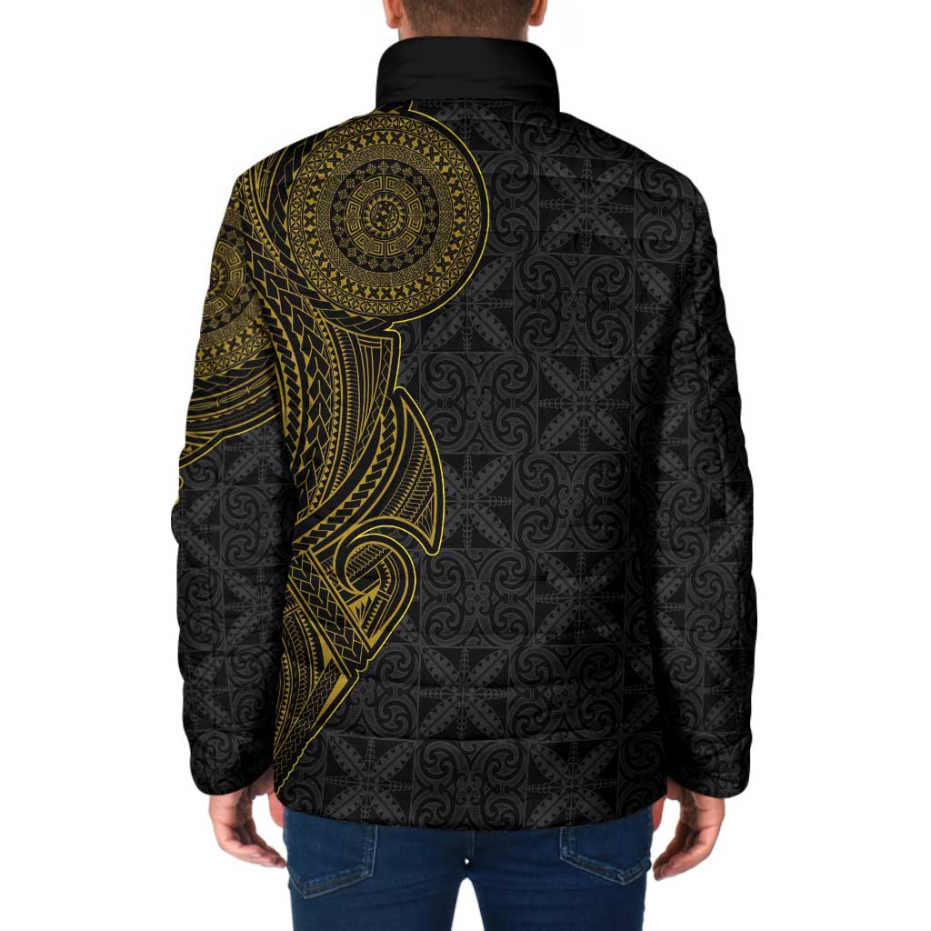 Niue Polynesian Hiapo Tattoo Art Padded Jacket Half Style Black Gold Color - Polynesian Pride