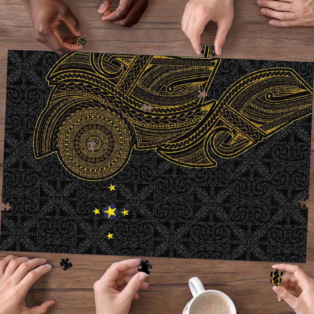 Niue Polynesian Hiapo Tattoo Art Puzzle Half Style Black Gold Color - Polynesian Pride