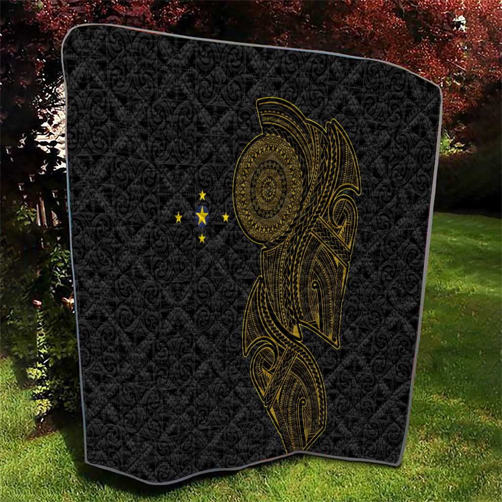 Niue Polynesian Hiapo Tattoo Art Quilt Half Style Black Gold Color - Polynesian Pride