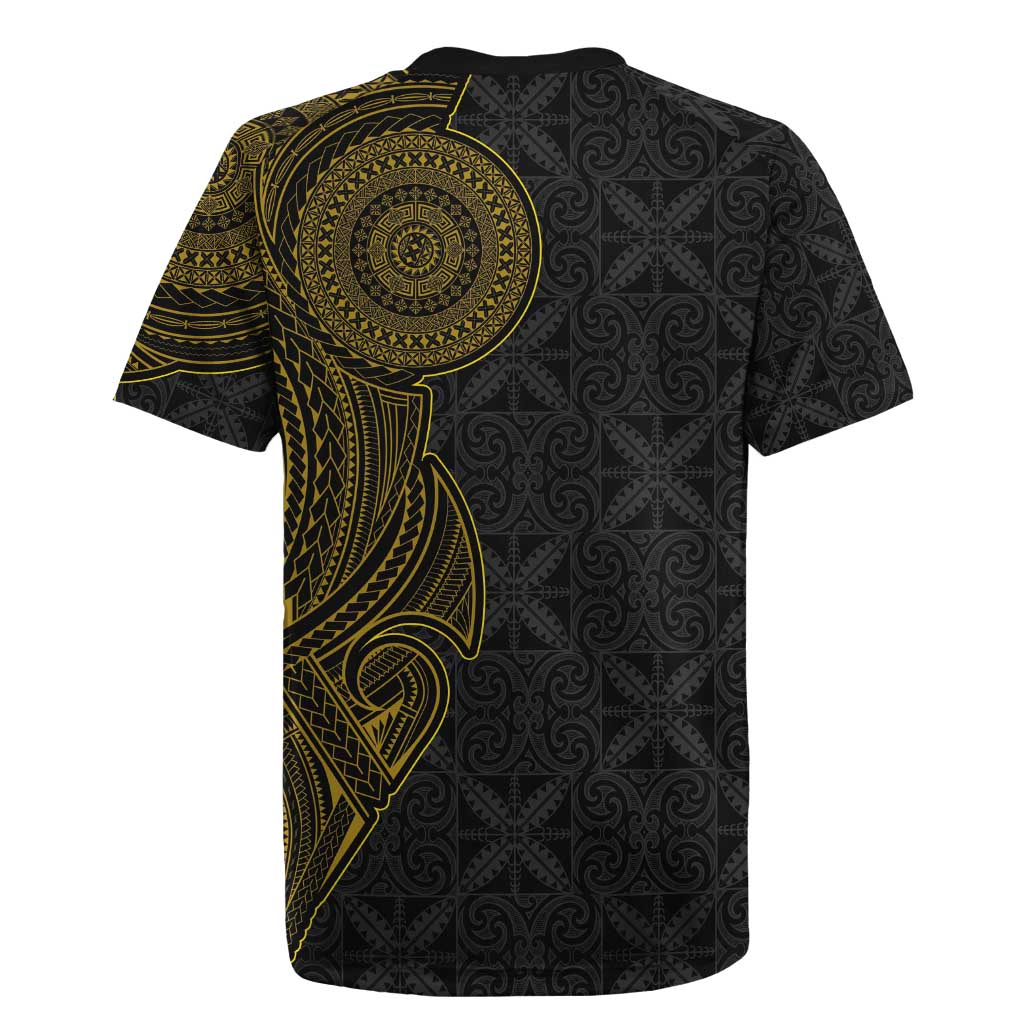 Niue Polynesian Hiapo Tattoo Art Rugby Jersey Half Style Black Gold Color - Polynesian Pride