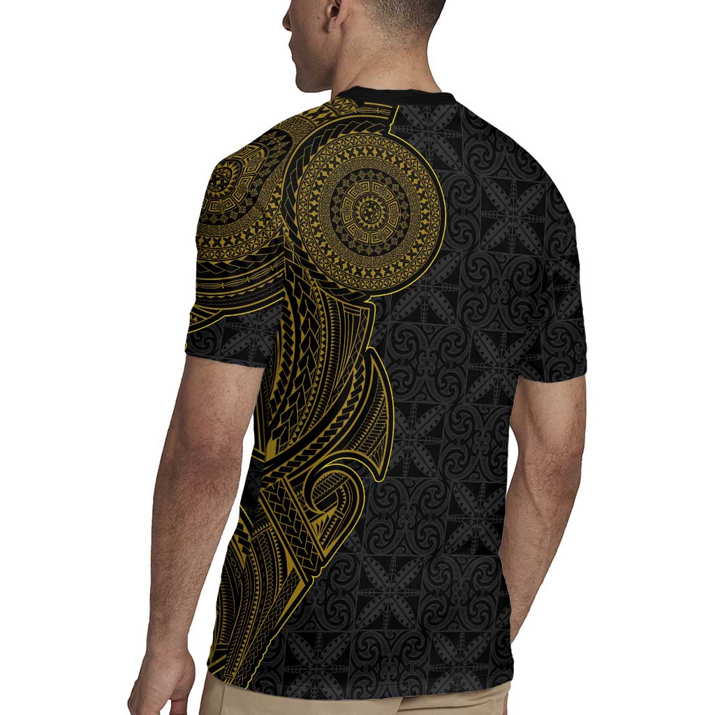 Niue Polynesian Hiapo Tattoo Art Rugby Jersey Half Style Black Gold Color - Polynesian Pride