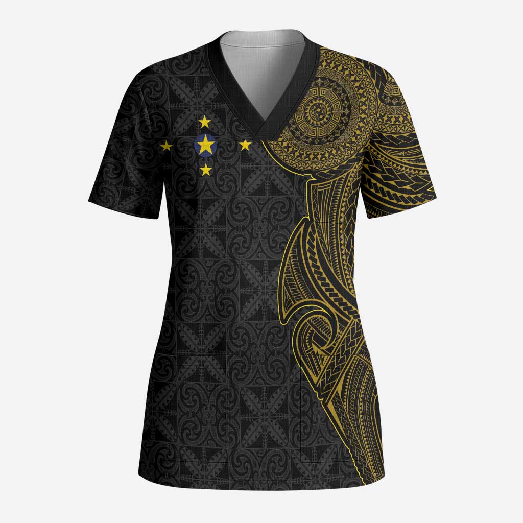 Niue Polynesian Hiapo Tattoo Art Scrub Top Half Style Black Gold Color - Polynesian Pride