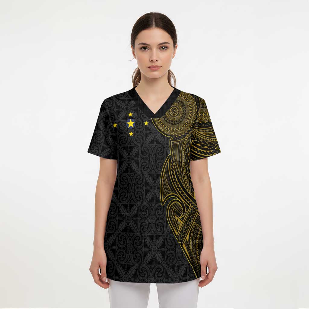 Niue Polynesian Hiapo Tattoo Art Scrub Top Half Style Black Gold Color - Polynesian Pride