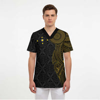 Niue Polynesian Hiapo Tattoo Art Scrub Top Half Style Black Gold Color - Polynesian Pride