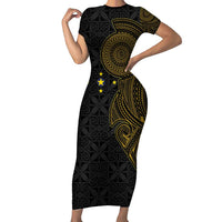 Niue Polynesian Hiapo Tattoo Art Short Sleeve Bodycon Dress Half Style Black Gold Color - Polynesian Pride