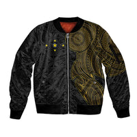 Niue Polynesian Hiapo Tattoo Art Sleeve Zip Bomber Jacket Half Style Black Gold Color - Polynesian Pride