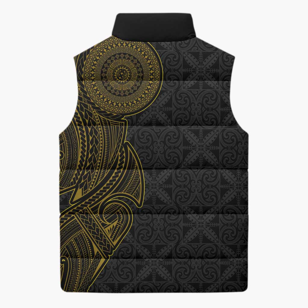 Niue Polynesian Hiapo Tattoo Art Sleeveless Puffer Jacket Half Style Black Gold Color - Polynesian Pride