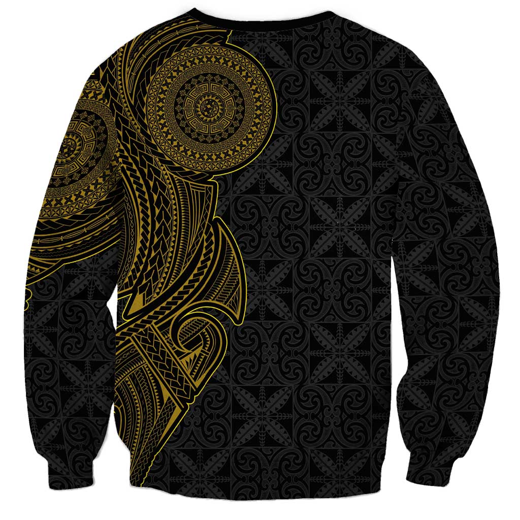 Niue Polynesian Hiapo Tattoo Art Sweatshirt Half Style Black Gold Color - Polynesian Pride