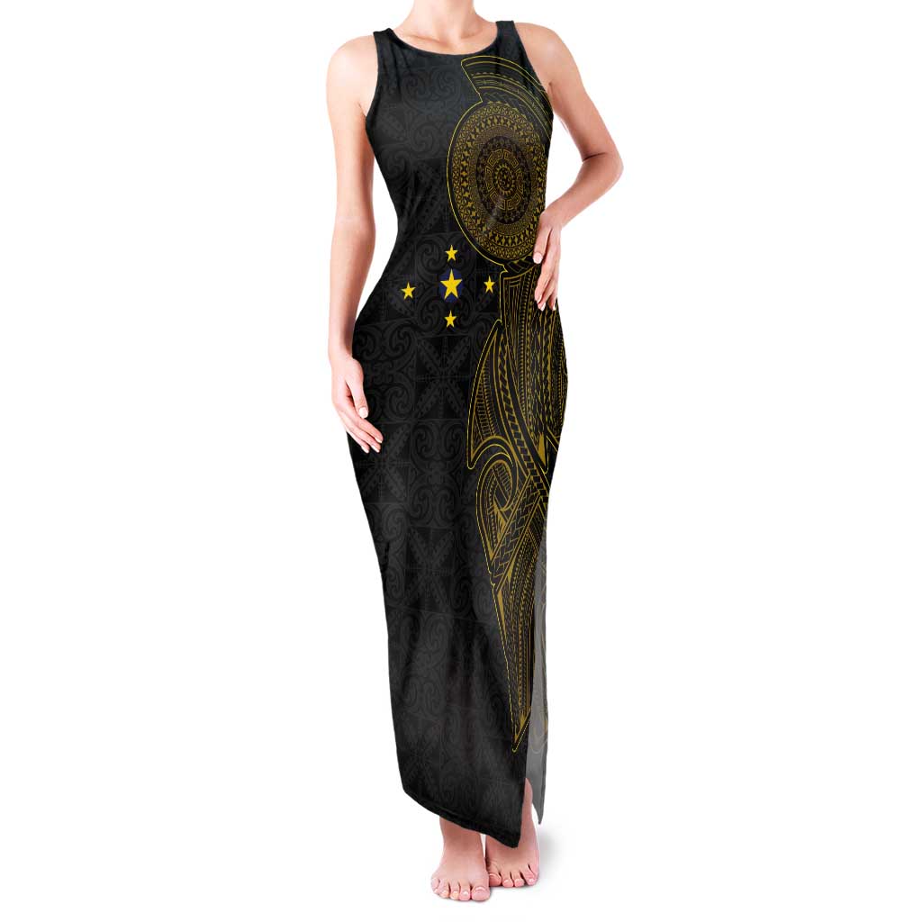 Niue Polynesian Hiapo Tattoo Art Tank Maxi Dress Half Style Black Gold Color - Polynesian Pride
