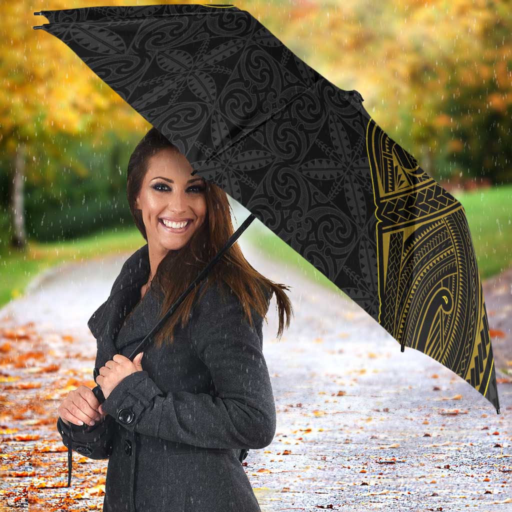Niue Polynesian Hiapo Tattoo Art Umbrella Half Style Black Gold Color - Polynesian Pride