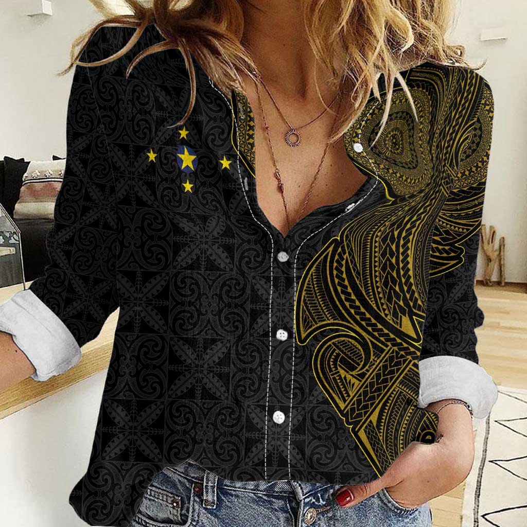 Niue Polynesian Hiapo Tattoo Art Women Casual Shirt Half Style Black Gold Color - Polynesian Pride