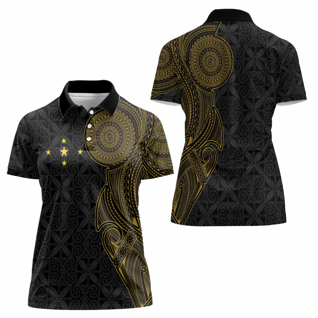 Niue Polynesian Hiapo Tattoo Art Women Polo Shirt Half Style Black Gold Color - Polynesian Pride