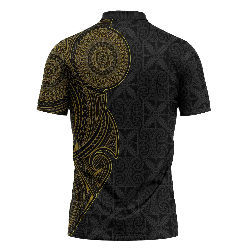 Niue Polynesian Hiapo Tattoo Art Zipper Polo Shirt Half Style Black Gold Color - Polynesian Pride