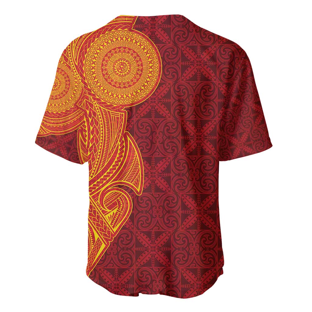 Niue Polynesian Hiapo Tattoo Art Baseball Jersey Half Style Red Yellow Color - Polynesian Pride