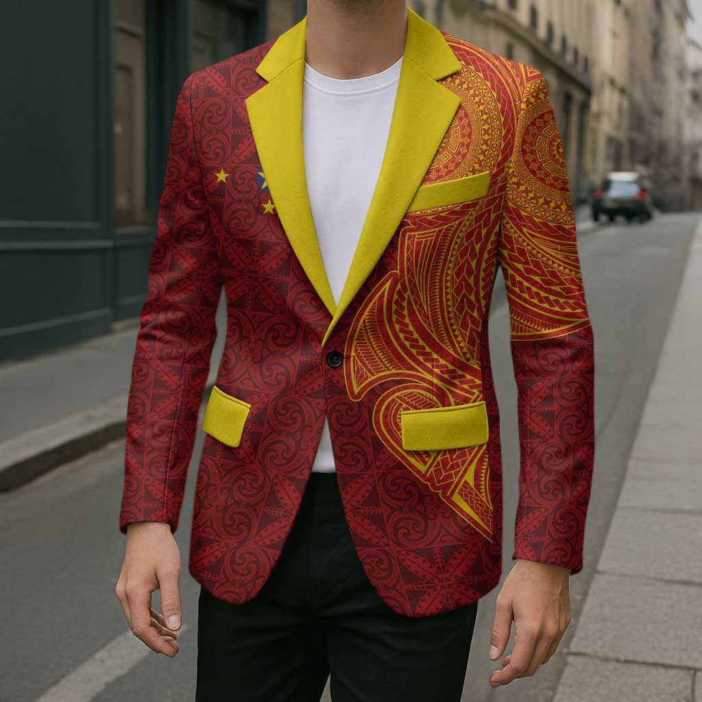 Niue Polynesian Hiapo Tattoo Art Blazer Half Style Red Yellow Color - Polynesian Pride