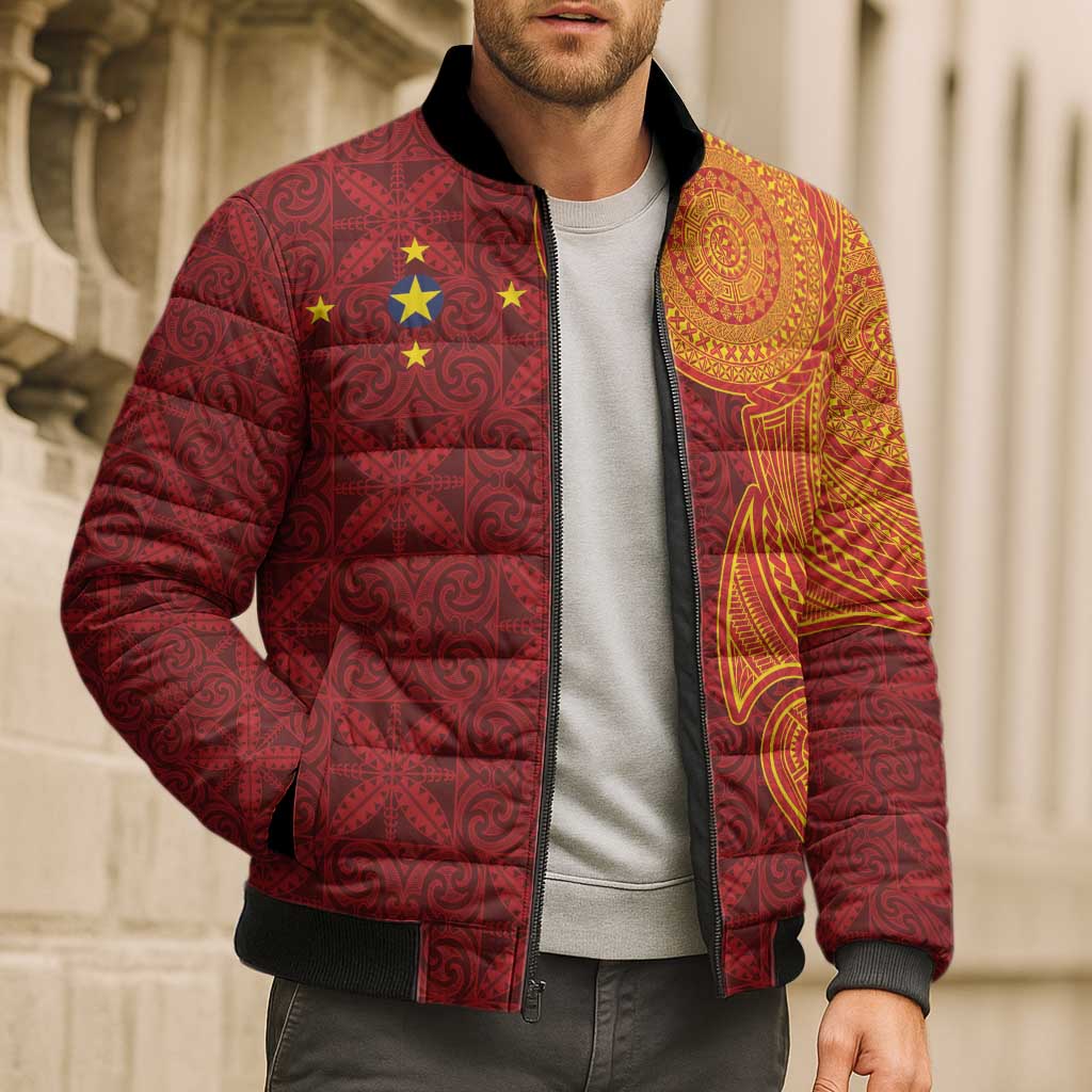 Niue Polynesian Hiapo Tattoo Art Bomber Puffer Jacket Half Style Red Yellow Color - Polynesian Pride