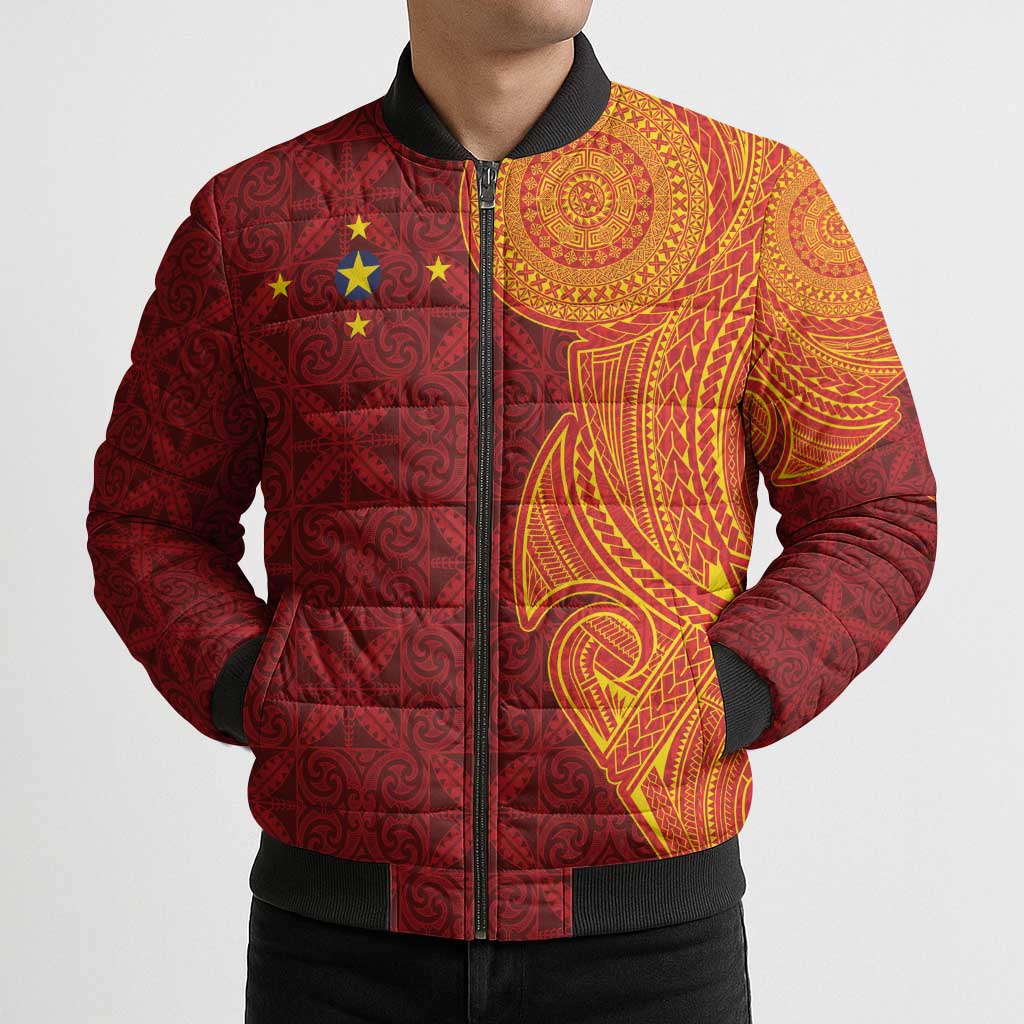 Niue Polynesian Hiapo Tattoo Art Bomber Puffer Jacket Half Style Red Yellow Color - Polynesian Pride