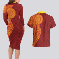 Niue Polynesian Hiapo Tattoo Art Couples Matching Long Sleeve Bodycon Dress and Hawaiian Shirt Half Style Red Yellow Color - Polynesian Pride