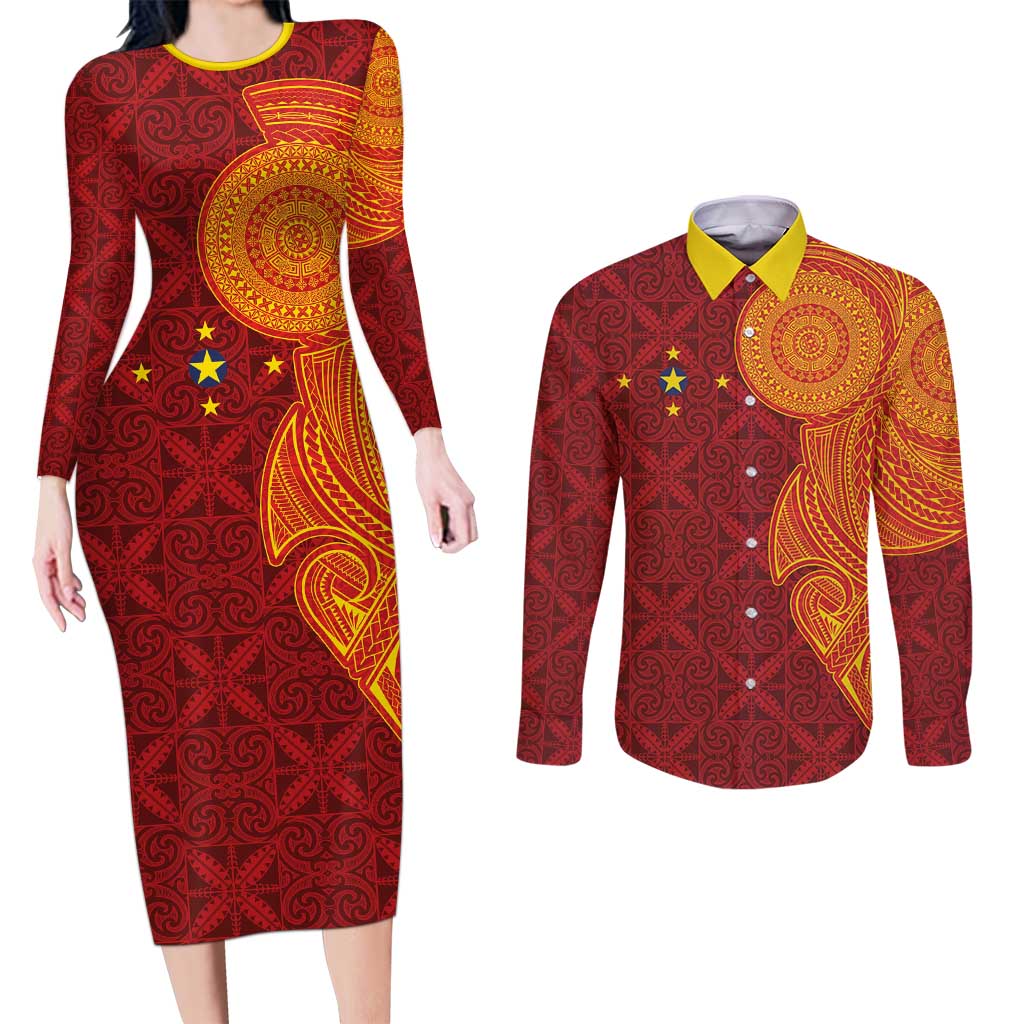 Niue Polynesian Hiapo Tattoo Art Couples Matching Long Sleeve Bodycon Dress and Long Sleeve Button Shirt Half Style Red Yellow Color - Polynesian Pride