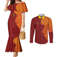 Niue Polynesian Hiapo Tattoo Art Couples Matching Mermaid Dress and Long Sleeve Button Shirt Half Style Red Yellow Color - Polynesian Pride
