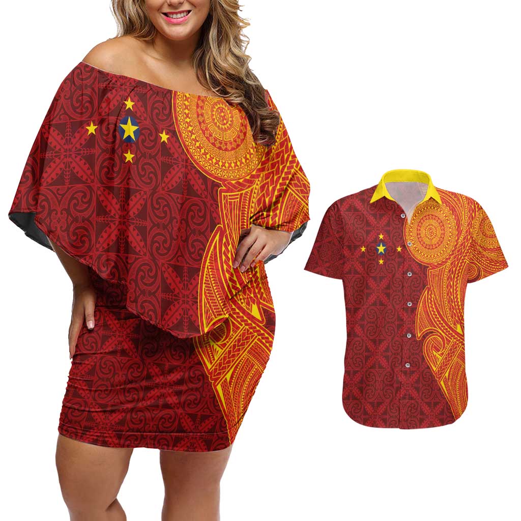 Niue Polynesian Hiapo Tattoo Art Couples Matching Off Shoulder Short Dress and Hawaiian Shirt Half Style Red Yellow Color - Polynesian Pride