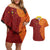 Niue Polynesian Hiapo Tattoo Art Couples Matching Off Shoulder Short Dress and Hawaiian Shirt Half Style Red Yellow Color - Polynesian Pride
