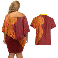 Niue Polynesian Hiapo Tattoo Art Couples Matching Off Shoulder Short Dress and Hawaiian Shirt Half Style Red Yellow Color - Polynesian Pride
